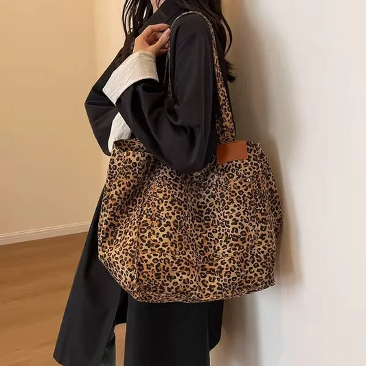 Leopard Print Tote – Vintage Canvas, Large Capacity
