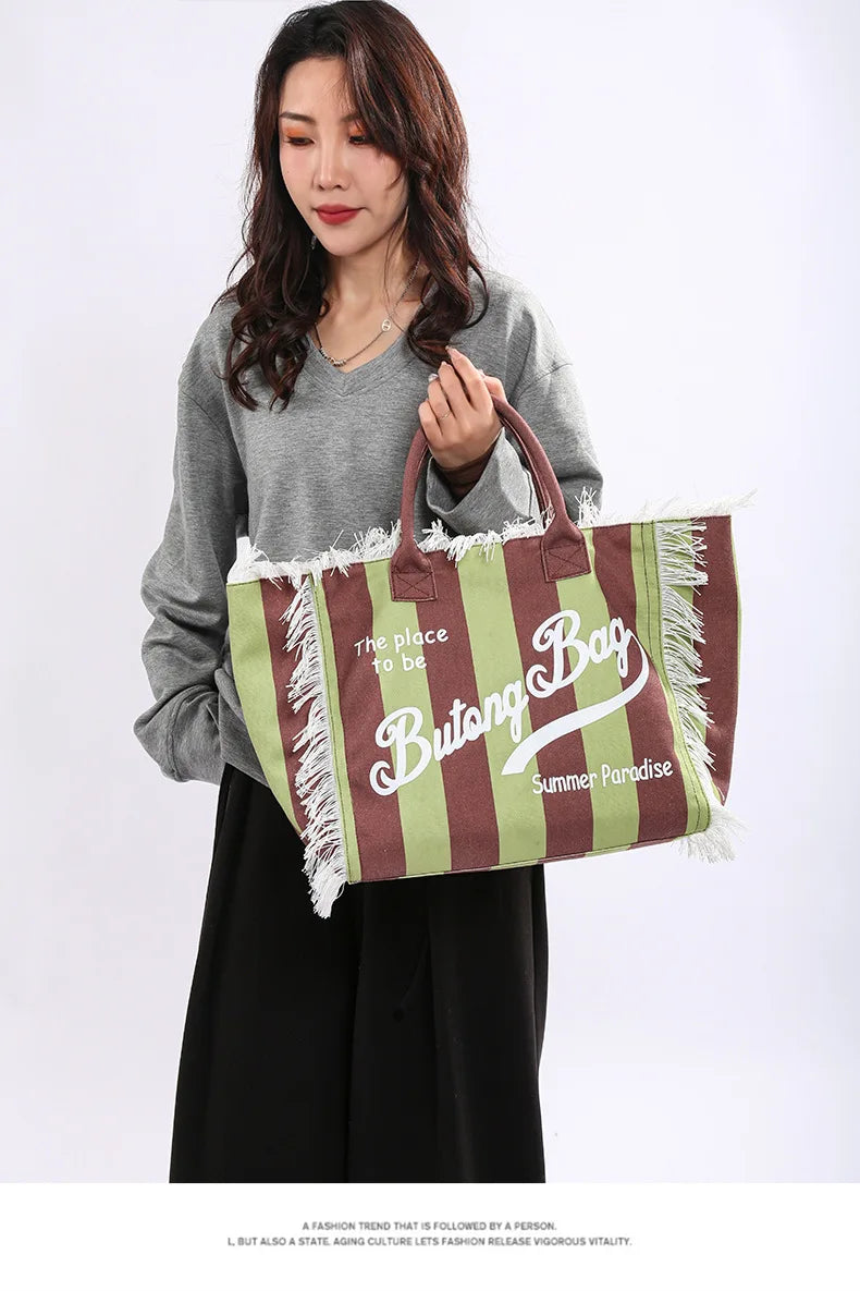 Tassel Canvas Tote – Large Capacity Handbag for Women