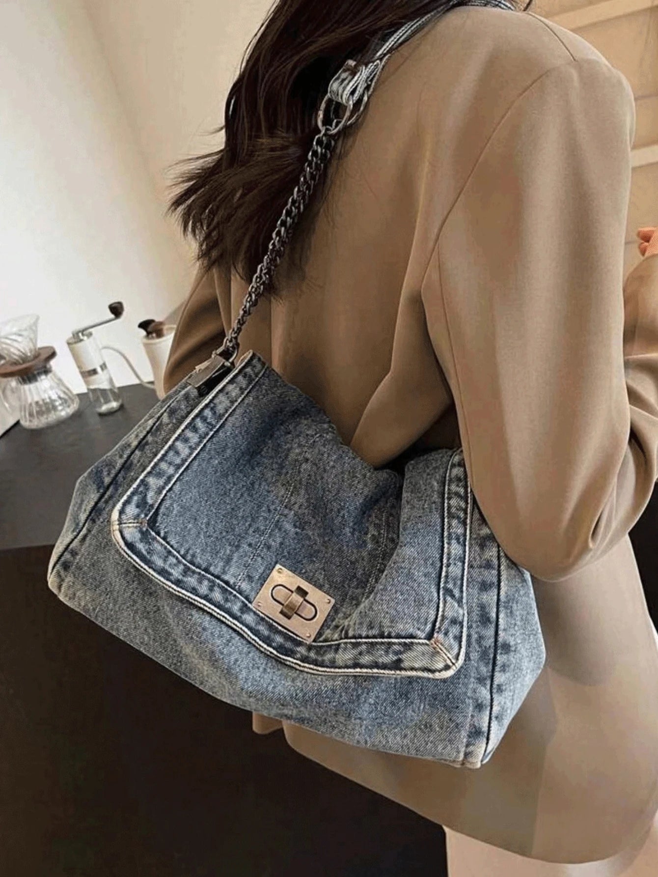 Denim Tote Bag – Chain Strap, Metal Buckle, Vintage Design
