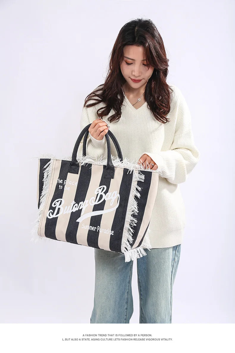 Tassel Canvas Tote – Large Capacity Handbag for Women