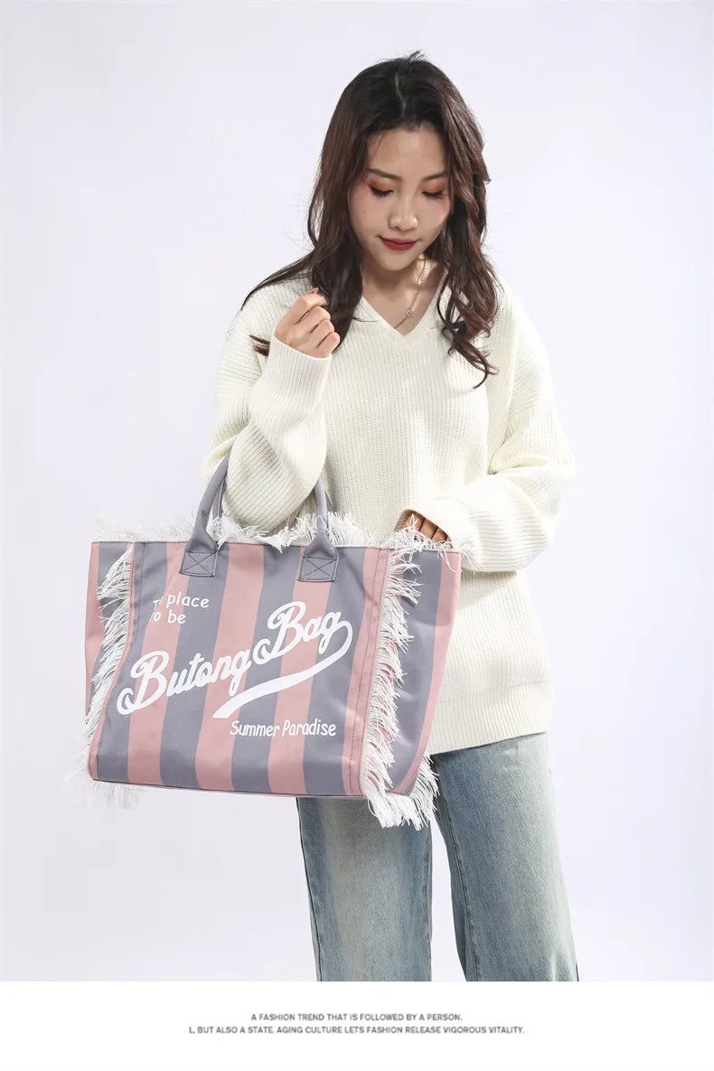 Tassel Canvas Tote – Large Capacity Handbag for Women