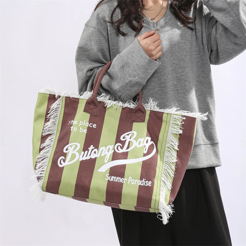 Tassel Canvas Tote – Large Capacity Handbag for Women