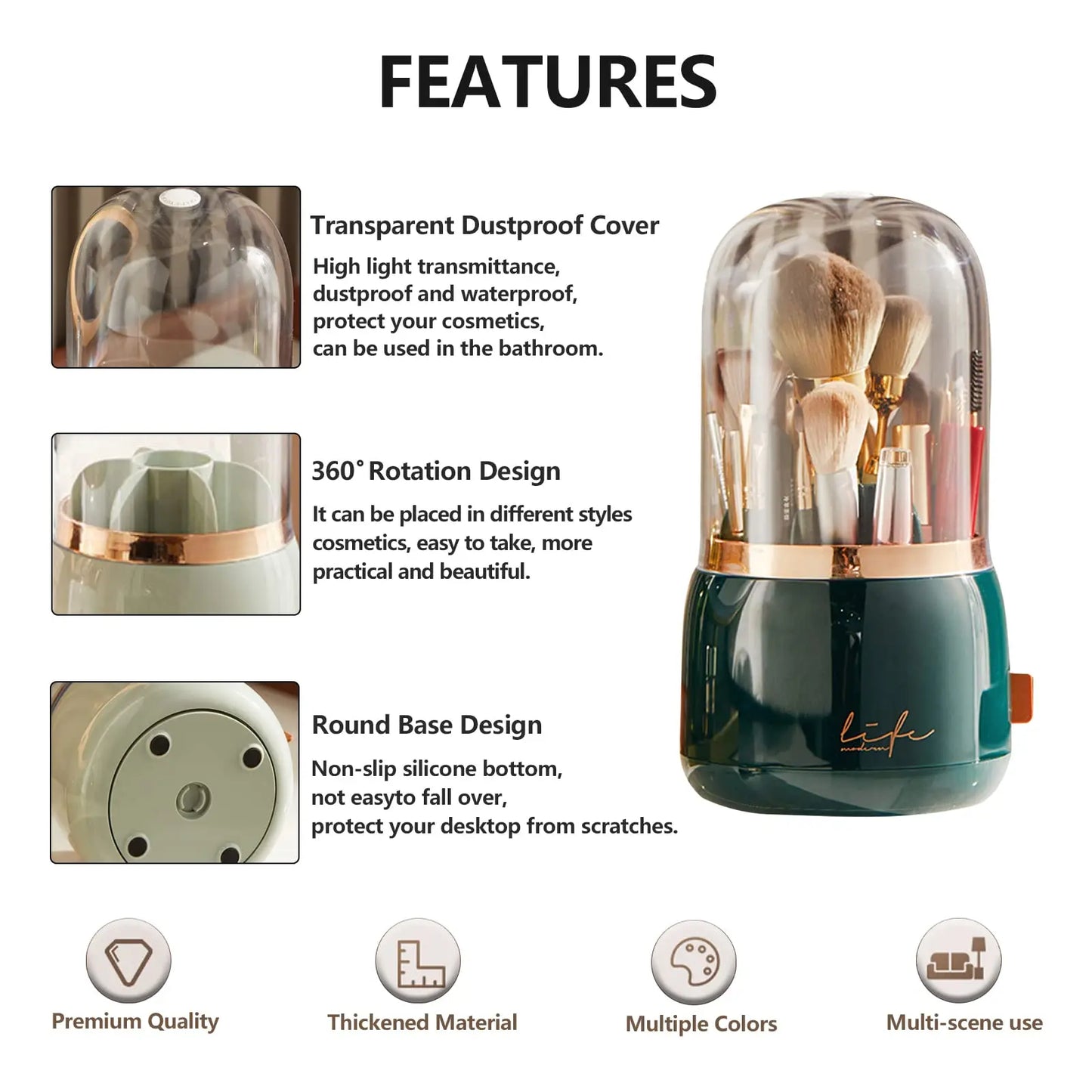 Makeup Brush Organizer – 360° Rotating, Dustproof