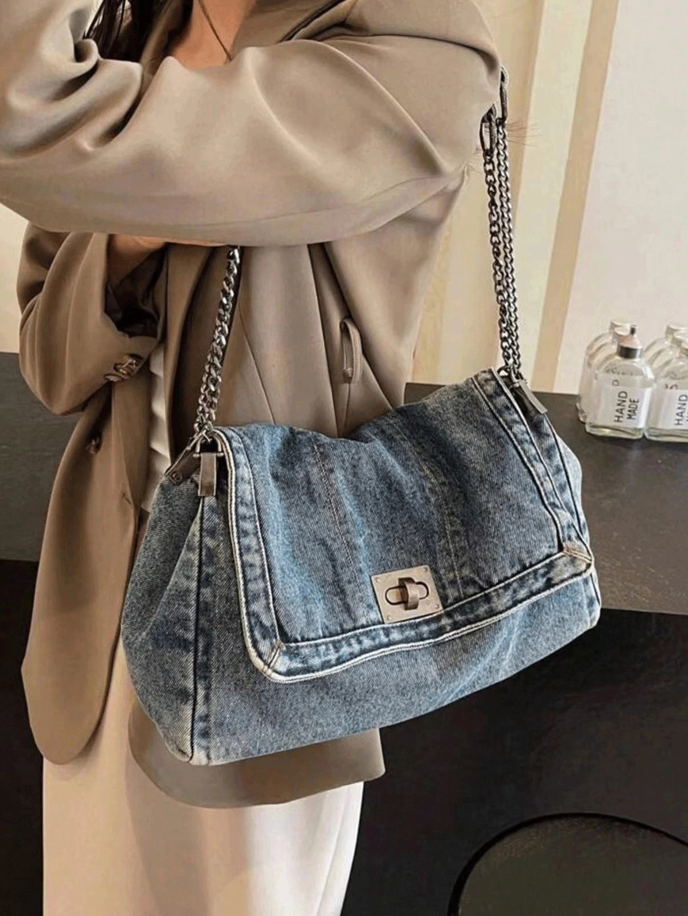 Denim Tote Bag – Chain Strap, Metal Buckle, Vintage Design
