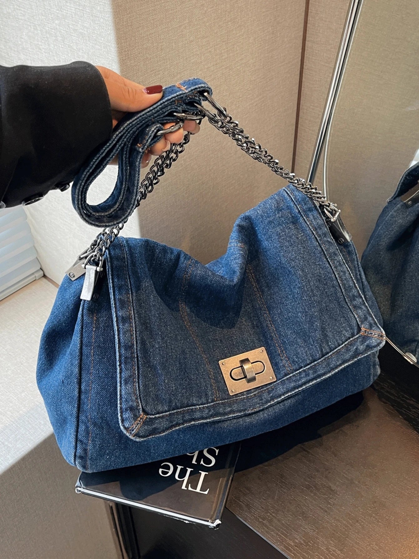Denim Tote Bag – Chain Strap, Metal Buckle, Vintage Design