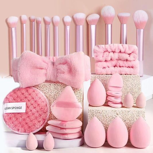 Pink Makeup Set – 20–32pcs, Brushes & Sponges