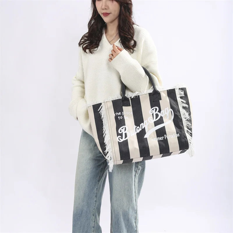 Tassel Canvas Tote – Large Capacity Handbag for Women