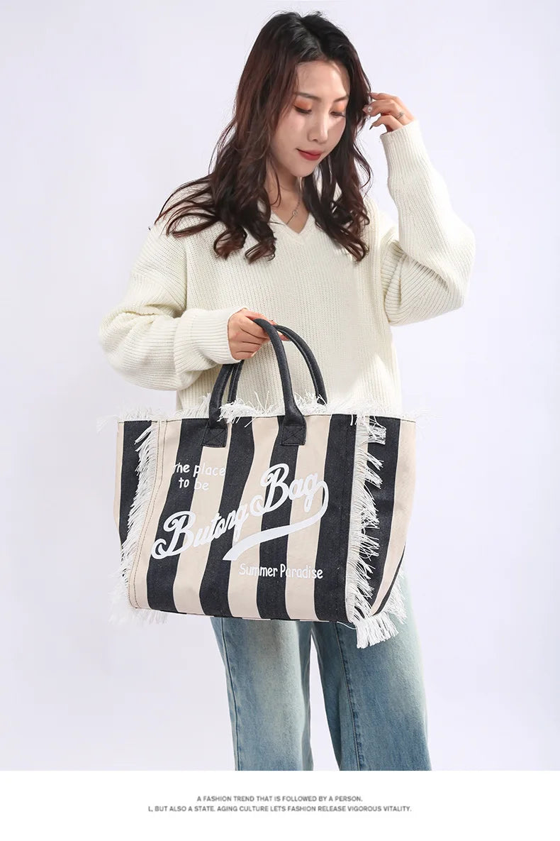 Tassel Canvas Tote – Large Capacity Handbag for Women