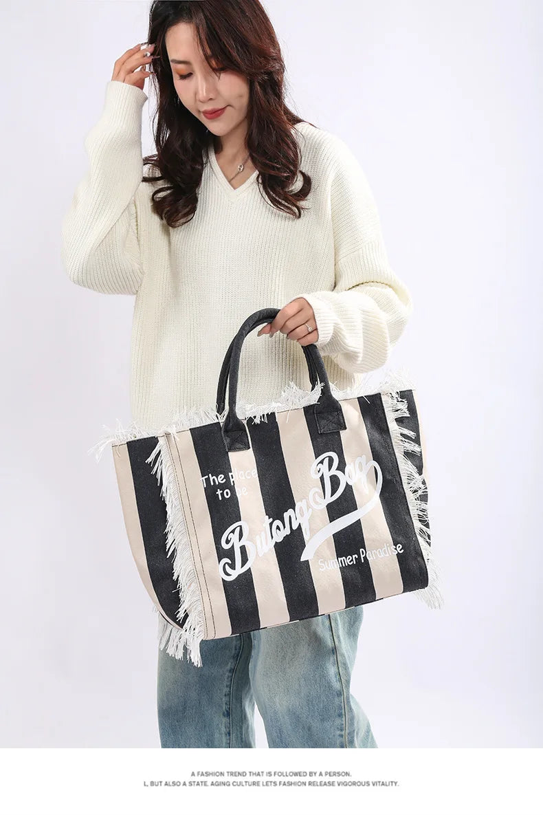 Tassel Canvas Tote – Large Capacity Handbag for Women