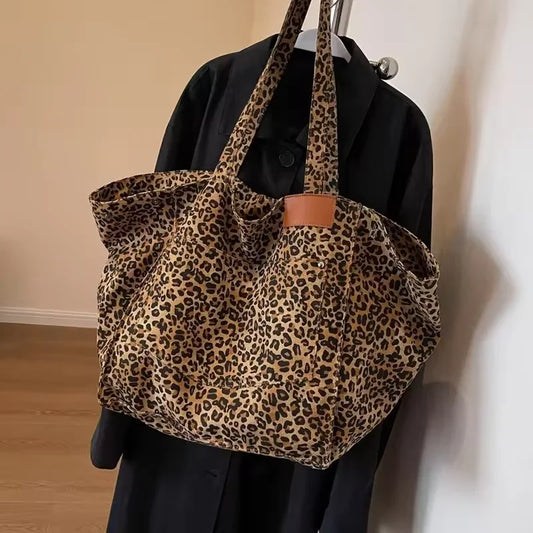 Leopard Print Tote – Vintage Canvas, Large Capacity
