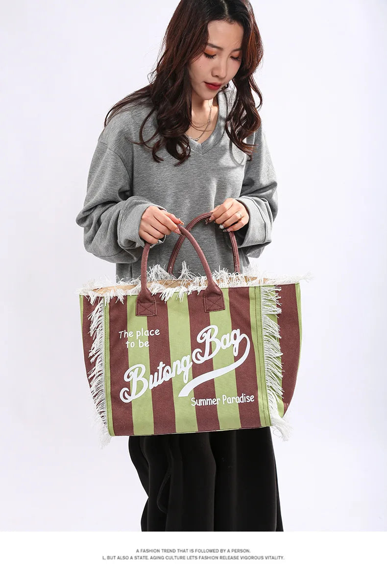 Tassel Canvas Tote – Large Capacity Handbag for Women