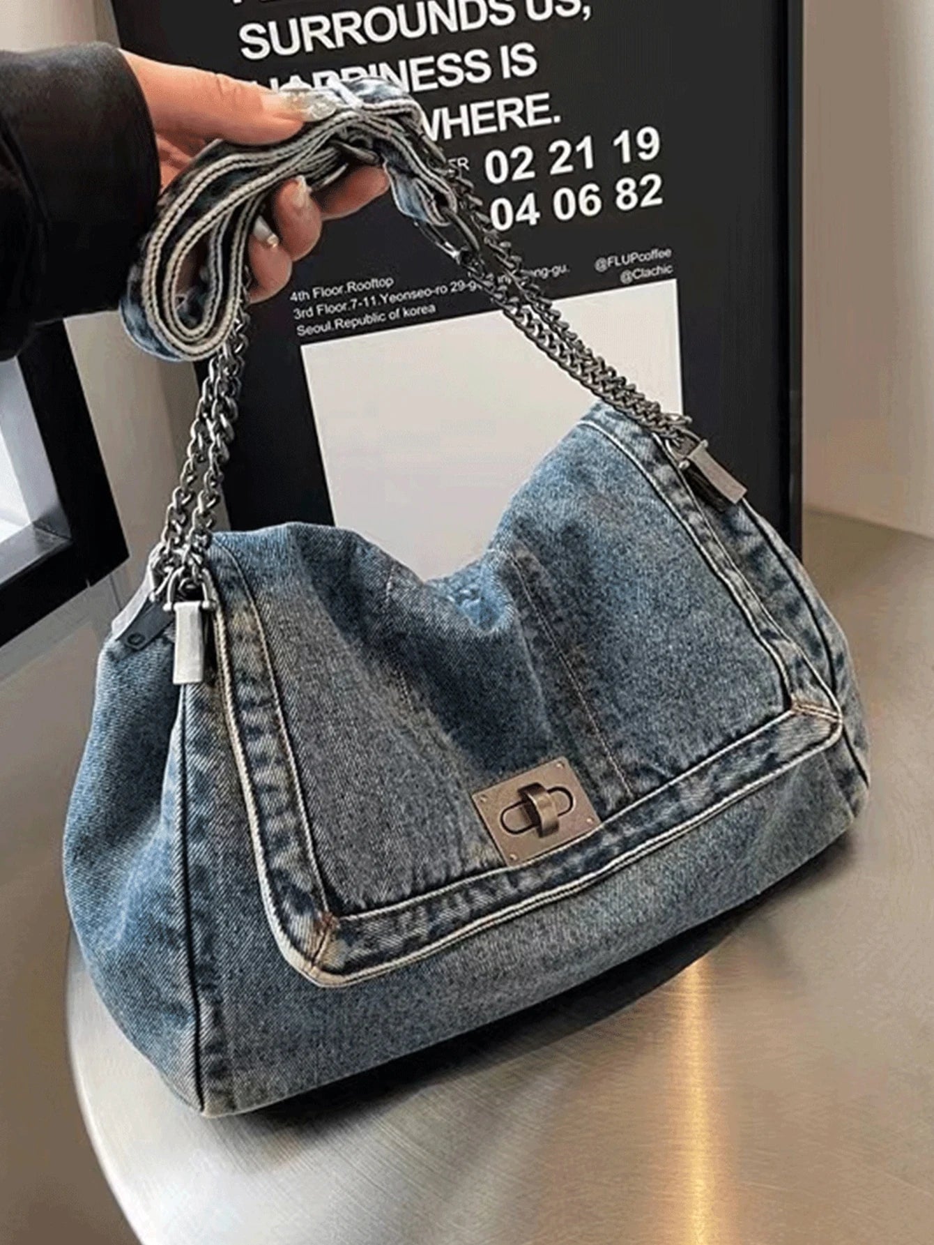 Denim Tote Bag – Chain Strap, Metal Buckle, Vintage Design