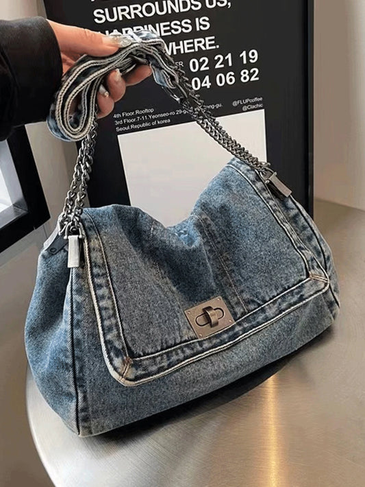 Denim Tote Bag – Chain Strap, Metal Buckle, Vintage Design