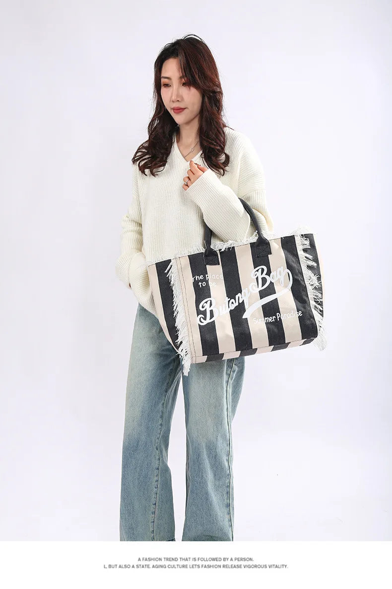 Tassel Canvas Tote – Large Capacity Handbag for Women