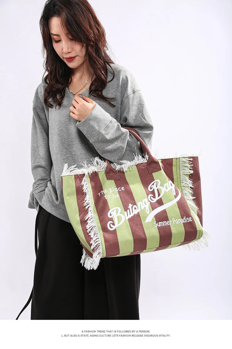 Tassel Canvas Tote – Large Capacity Handbag for Women