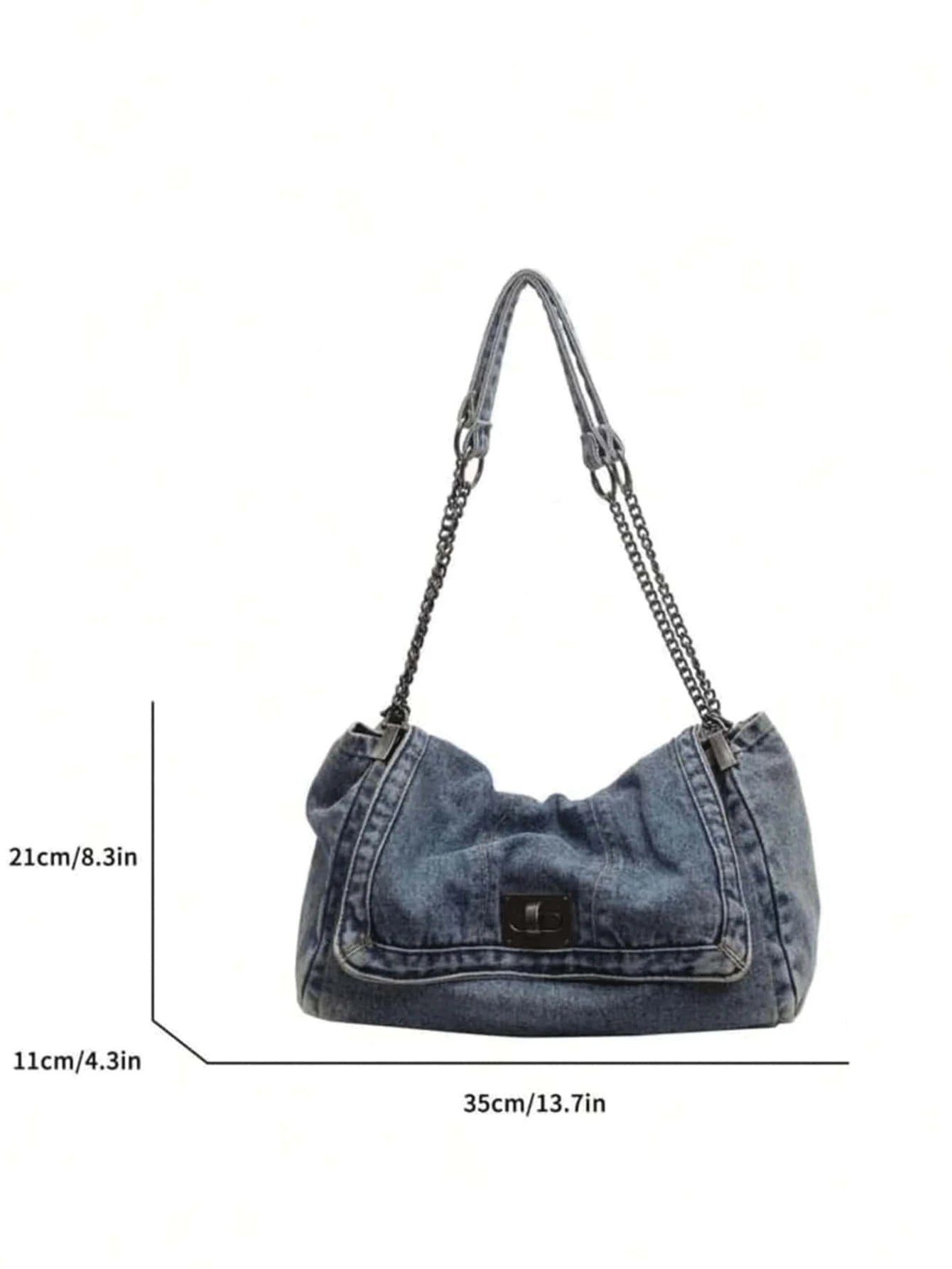Denim Tote Bag – Chain Strap, Metal Buckle, Vintage Design