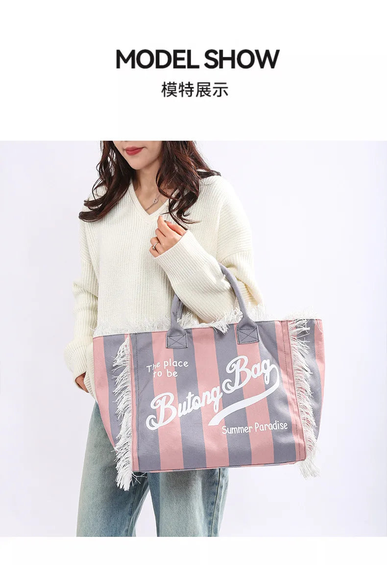 Tassel Canvas Tote – Large Capacity Handbag for Women