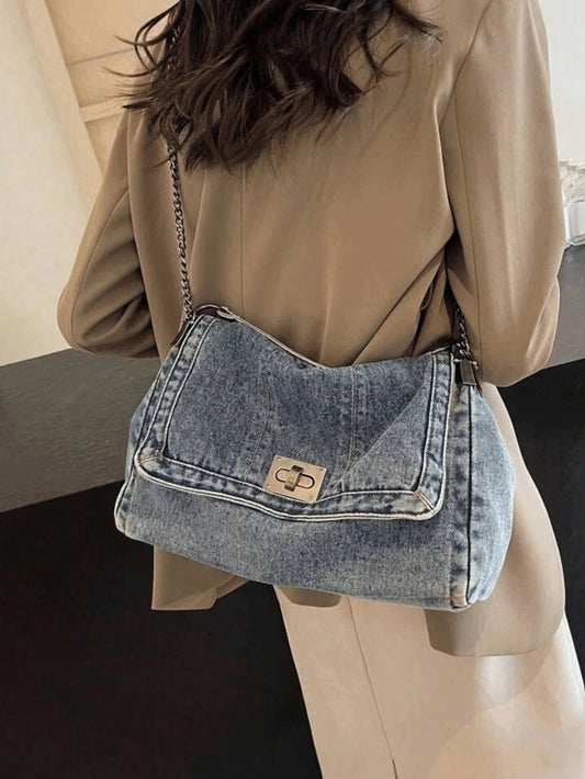 Denim Tote Bag – Chain Strap, Metal Buckle, Vintage Design