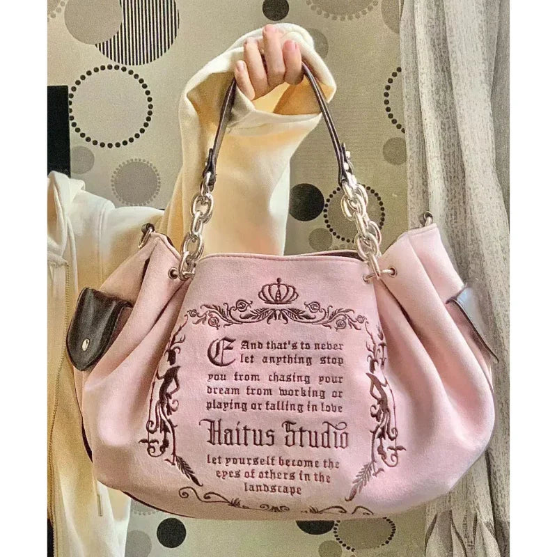 Gothic Embroidery Tote Bag – Soft Crossbody, Large Capacity